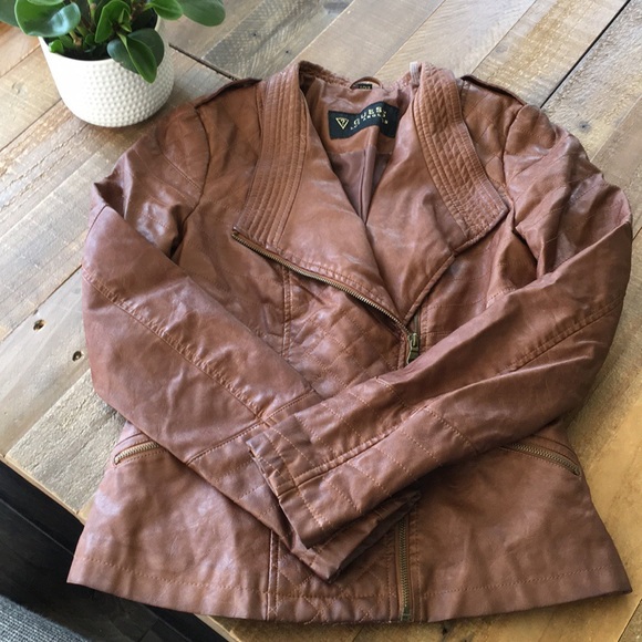 Guess Jackets & Blazers - Brown Leather Cognac/ Bomber Motto Jacket 🧥